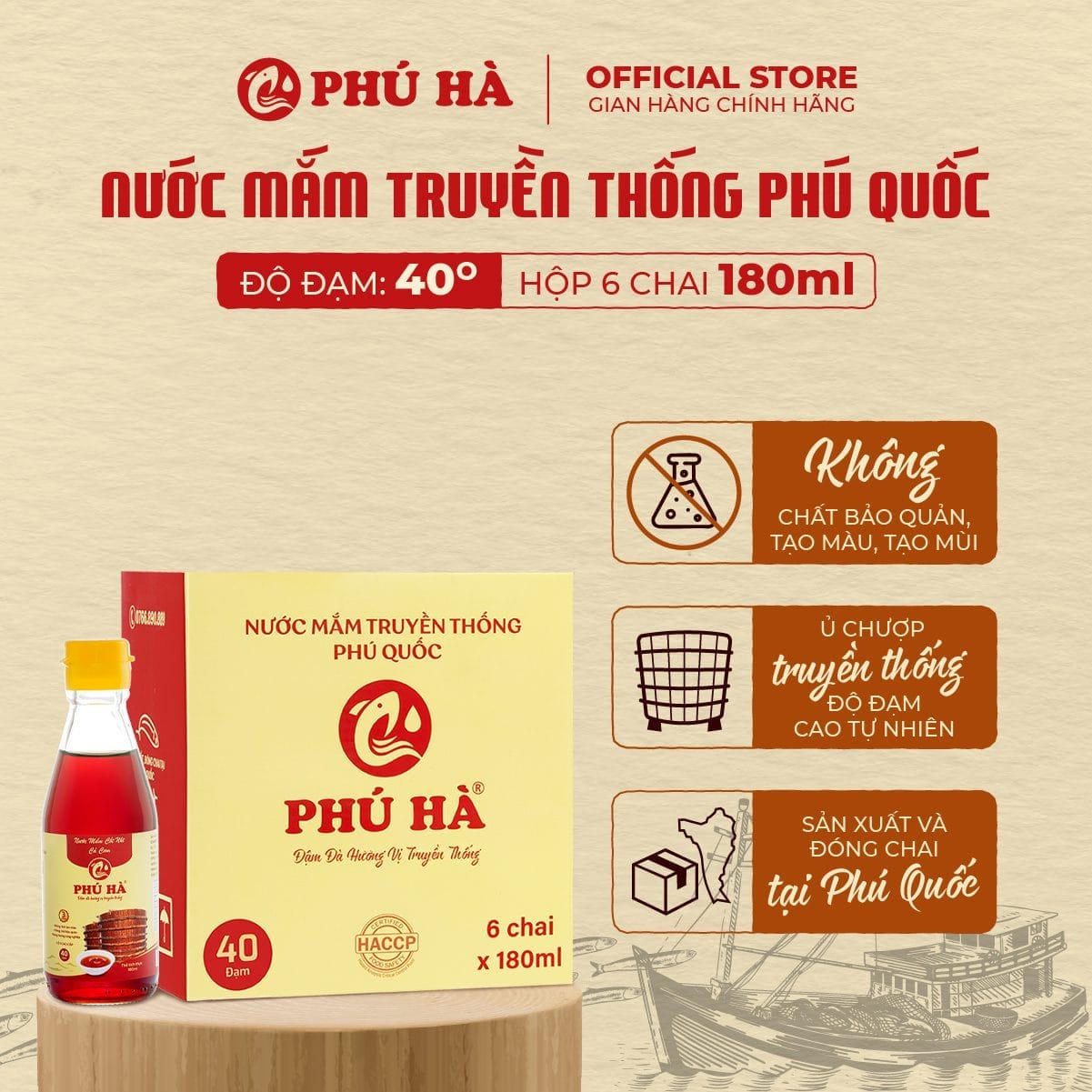 Nước mắm truyền thống Phú Quốc Phú Hà 40 độ đạm (Hộp 6 chai 180ml)