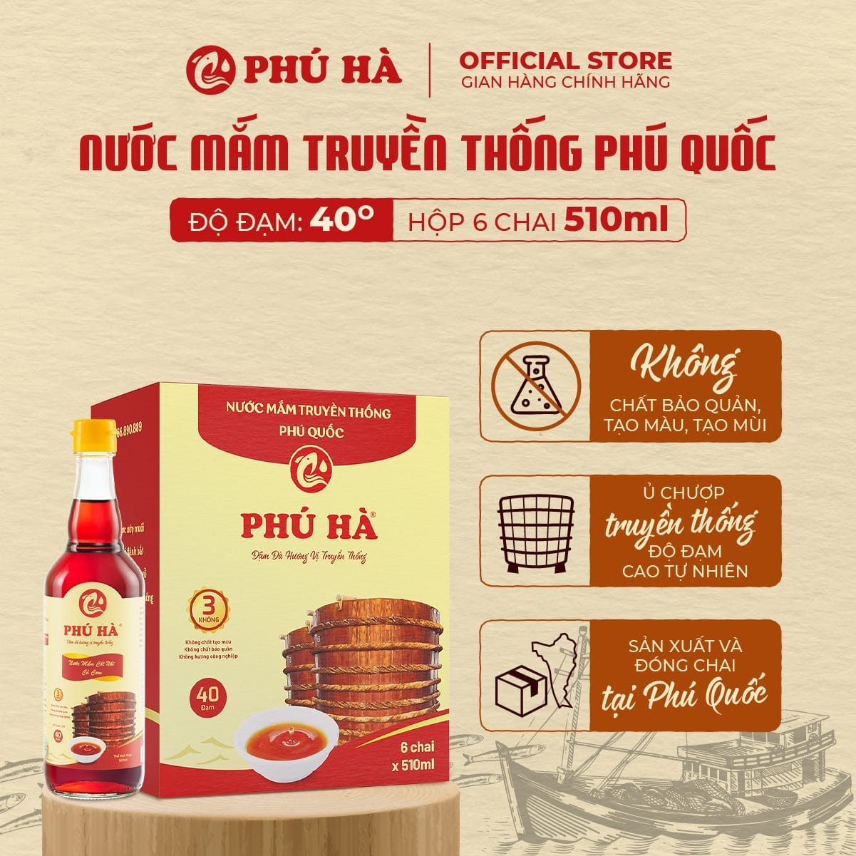 Nước mắm truyền thống Phú Quốc Phú Hà 40 độ đạm (Hộp 6 chai 510ml)