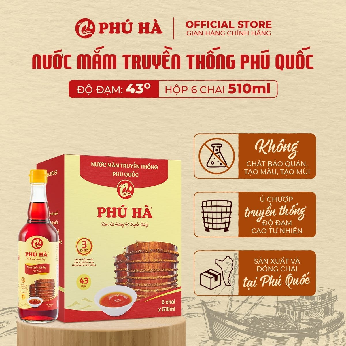 Nước mắm truyền thống Phú Quốc Phú Hà 43 độ đạm (Hộp 6 chai 510ml)