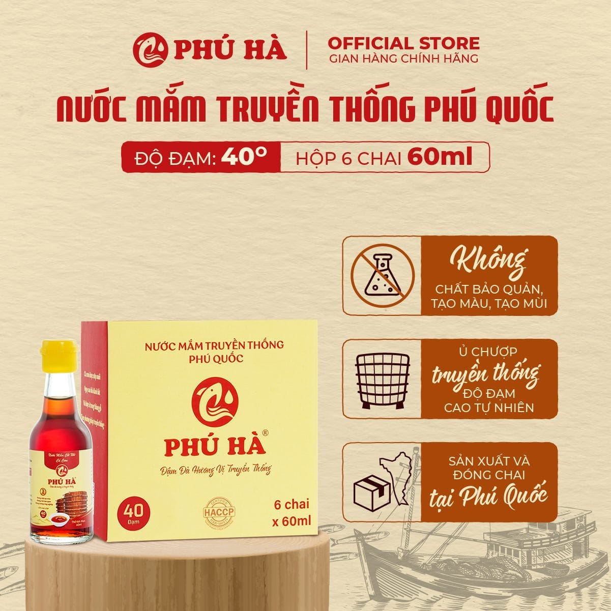 Nước mắm truyền thống Phú Quốc Phú Hà 40 độ đạm (Hộp 6 chai 60ml)