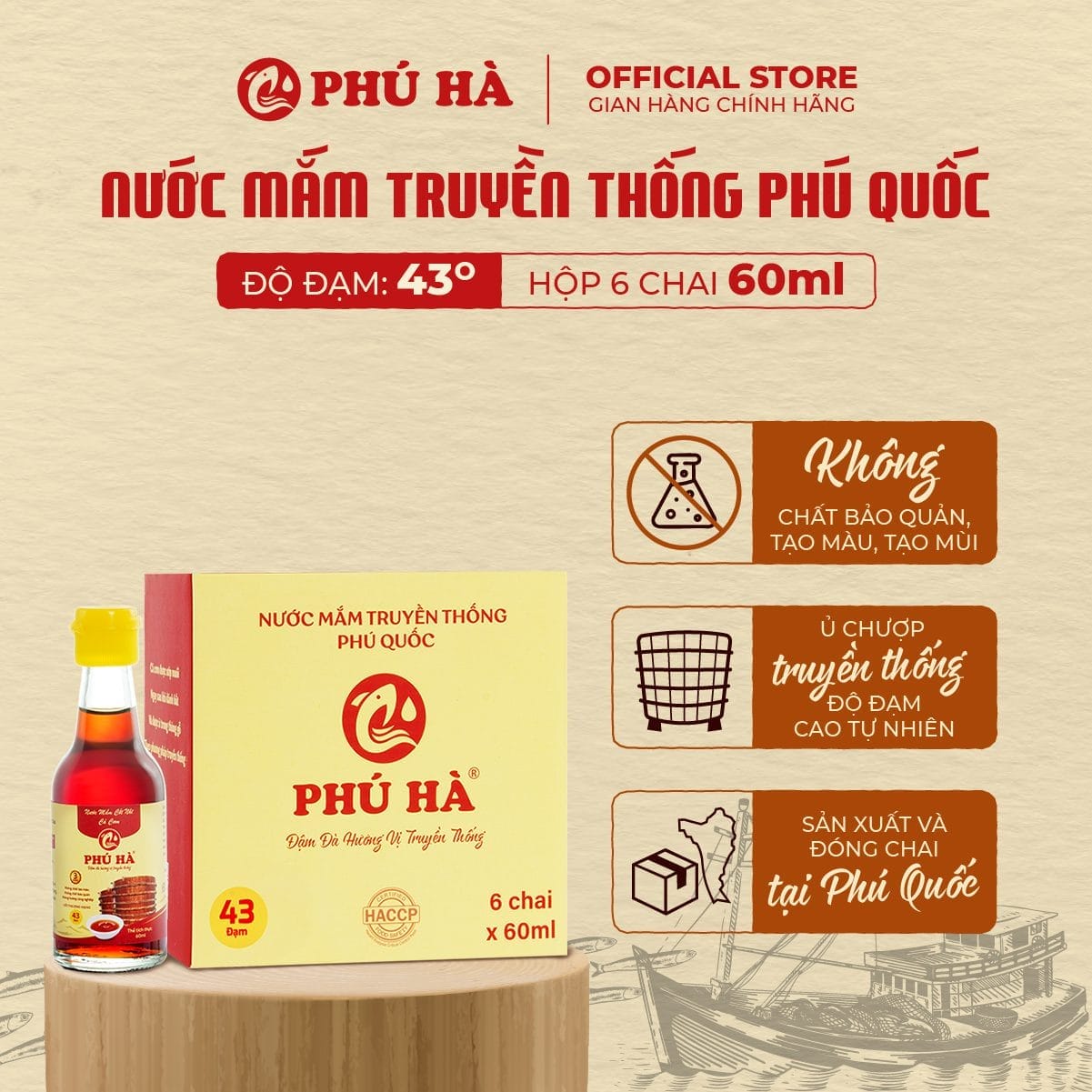 Nước mắm truyền thống Phú Quốc Phú Hà 43 độ đạm (Hộp 6 chai 60ml)