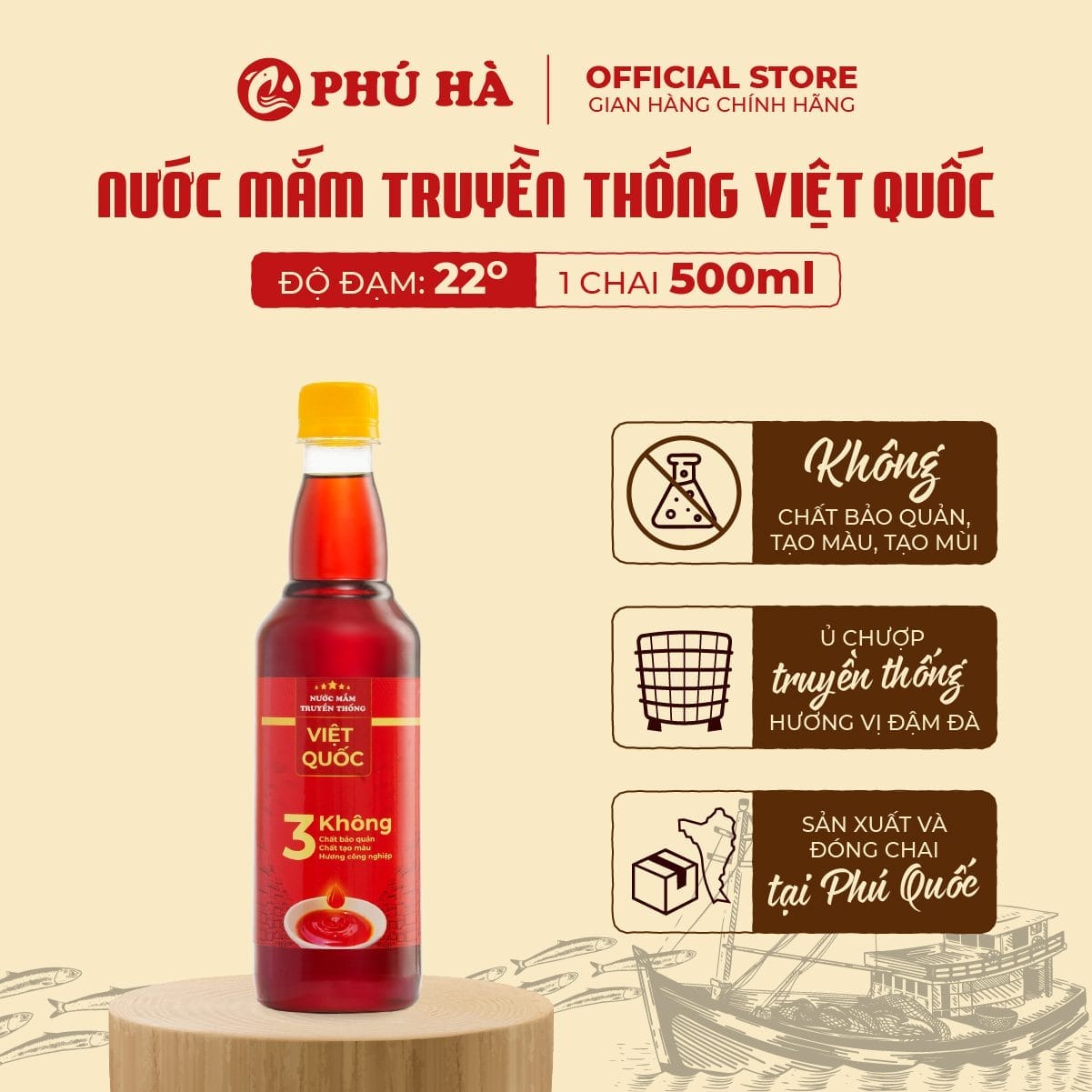 Nước mắm truyền thống Việt Quốc Phú Hà 22 độ đạm (1 Chai 500ml)