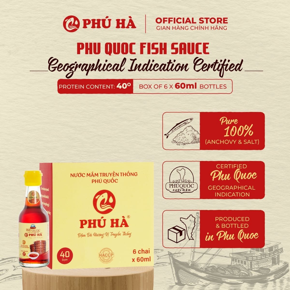 Phu Ha Phu Quoc Fish Sauce 40°N (1 Box of 6 x 60ml Bottles)