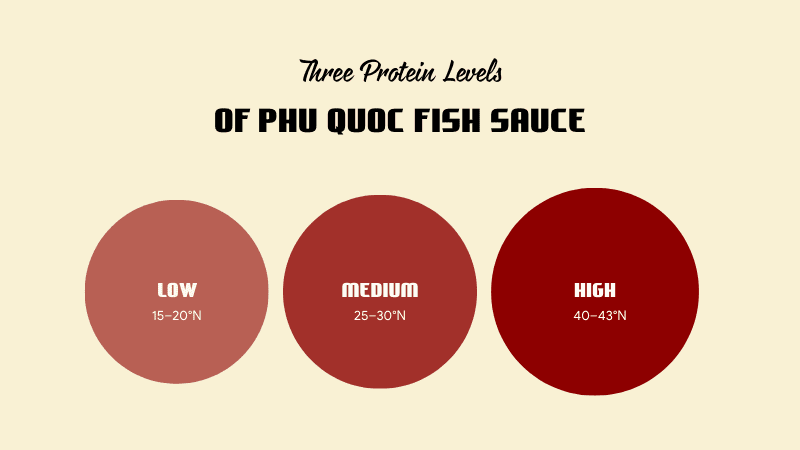 Bottles of Phu Quoc fish sauce labeled with different protein levels: 15°N, 30°N, and 40°N